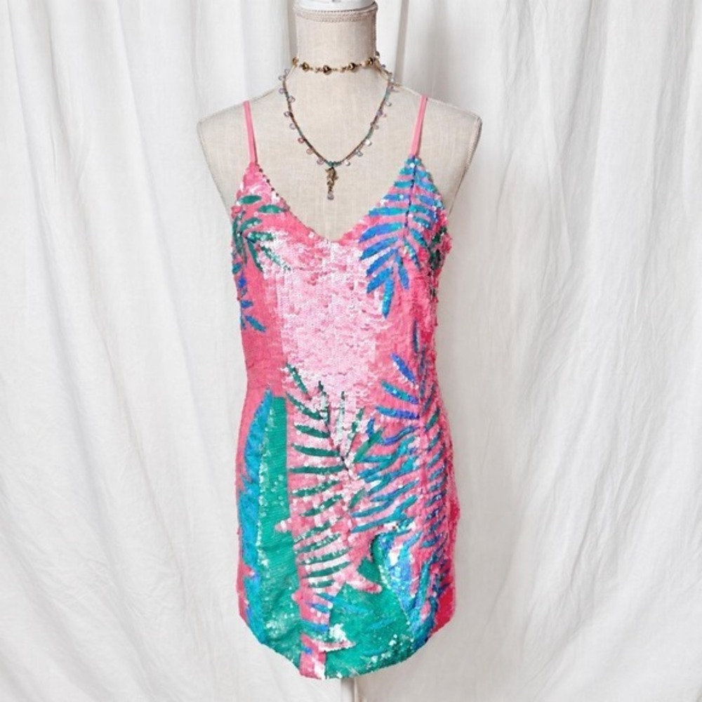 Alla Berman Pink Tropical Sequin Mini Dress Size S